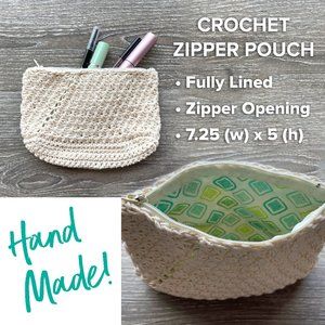 Crochet Zippered Lined Makeup Pouch Bag Cream